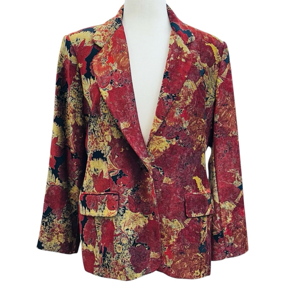 Vintage Rosan Silk Wool Blend Velvet Bold Floral Print Blazer Jacket